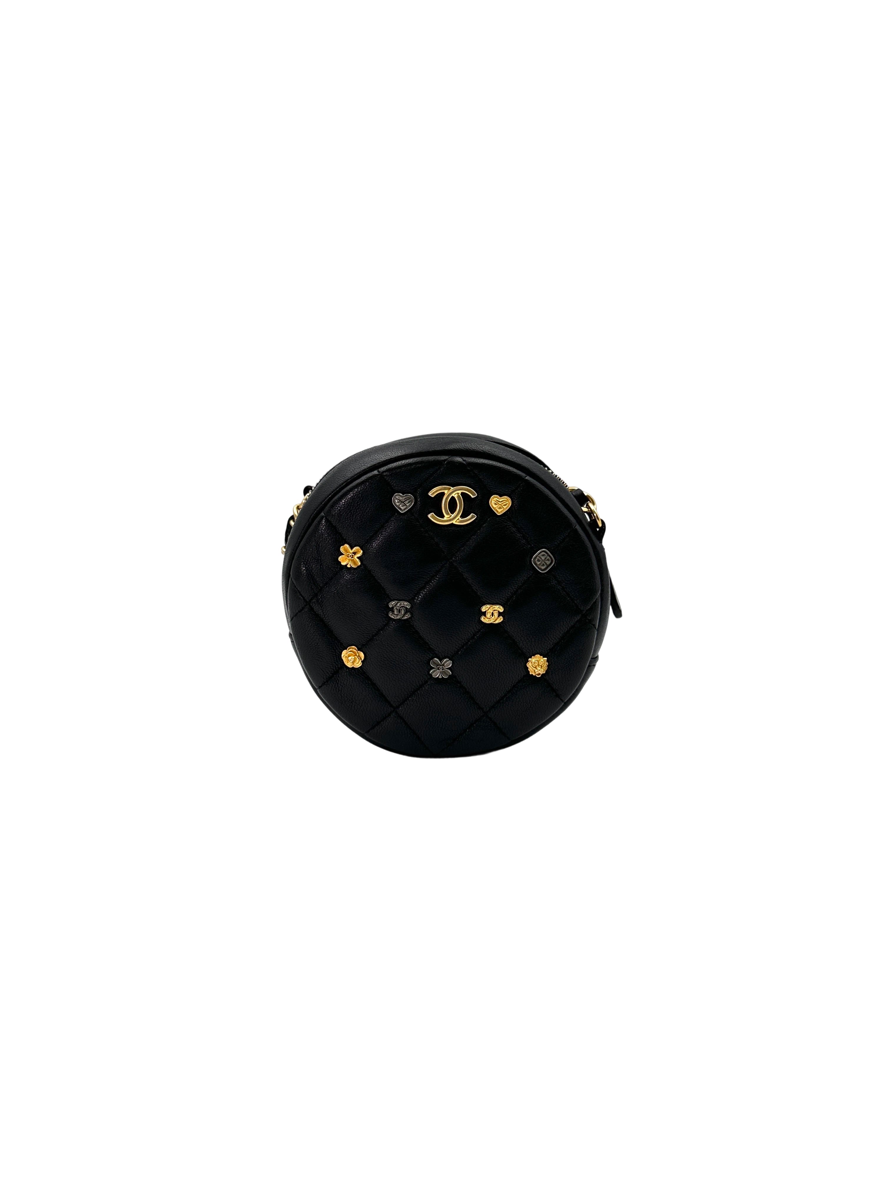 Chanel Black Quilted Lambskin Lucky Charms Round Clutch With Chain