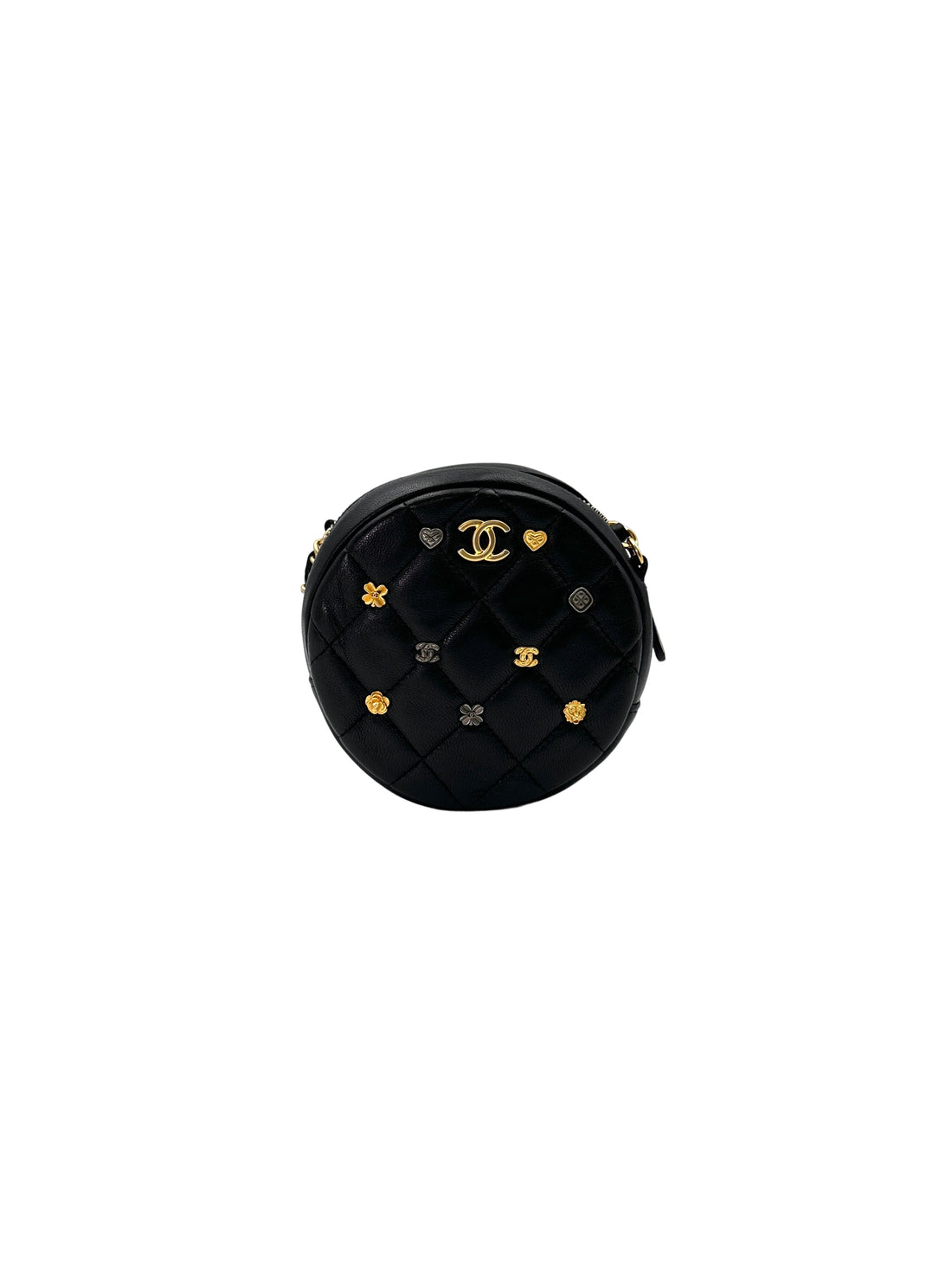 Chanel Black Quilted Lambskin Lucky Charms Round Clutch With Chain