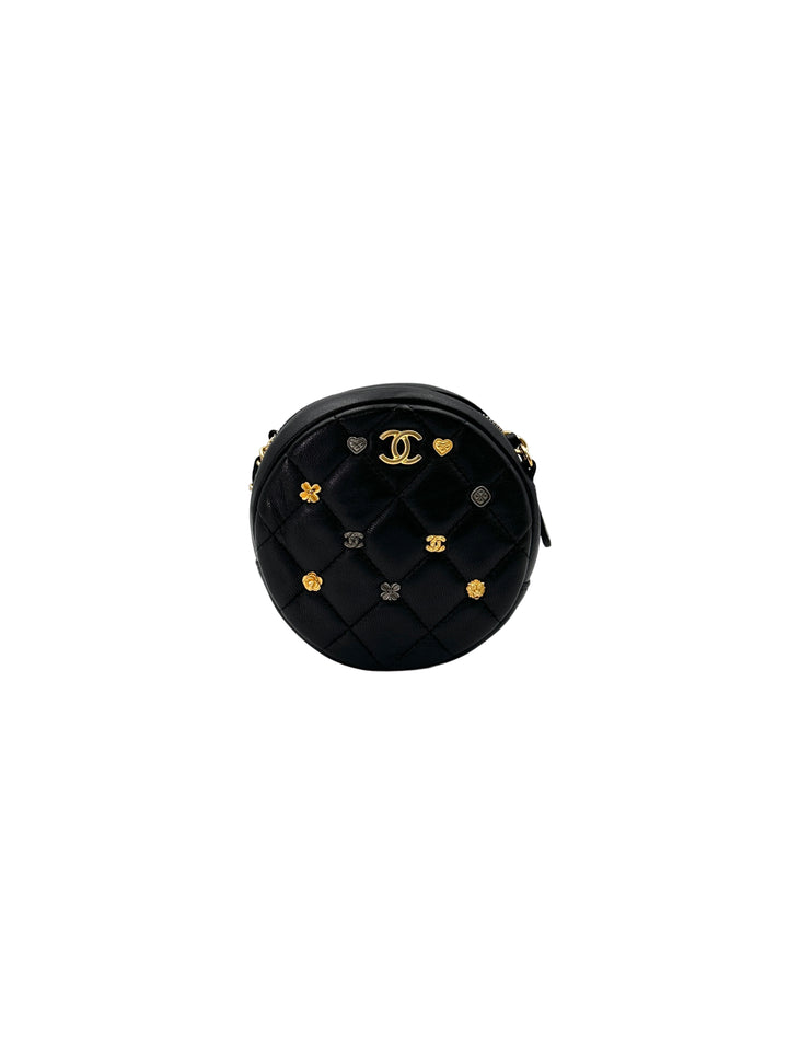 Chanel Black Quilted Lambskin Lucky Charms Round Clutch With Chain