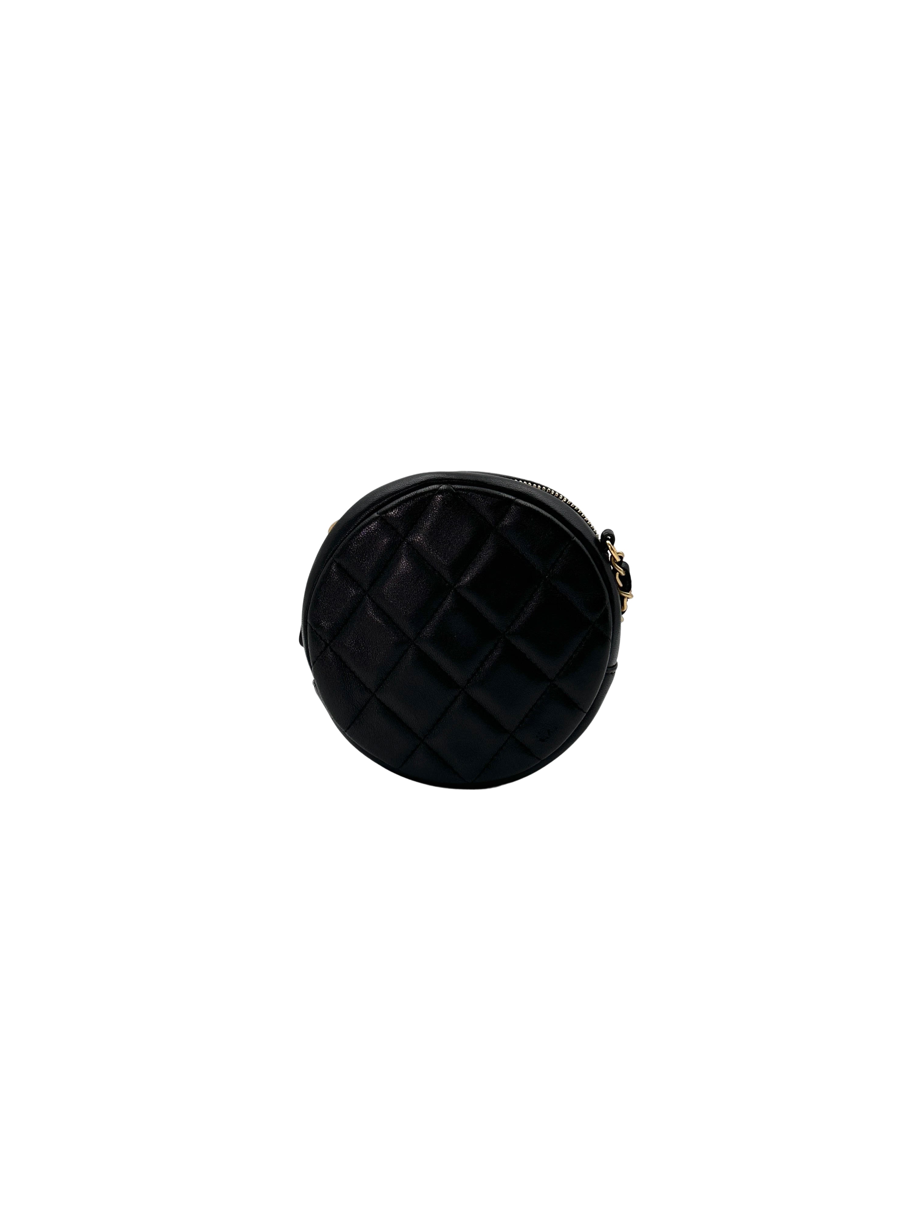 Chanel Black Quilted Lambskin Lucky Charms Round Clutch With Chain