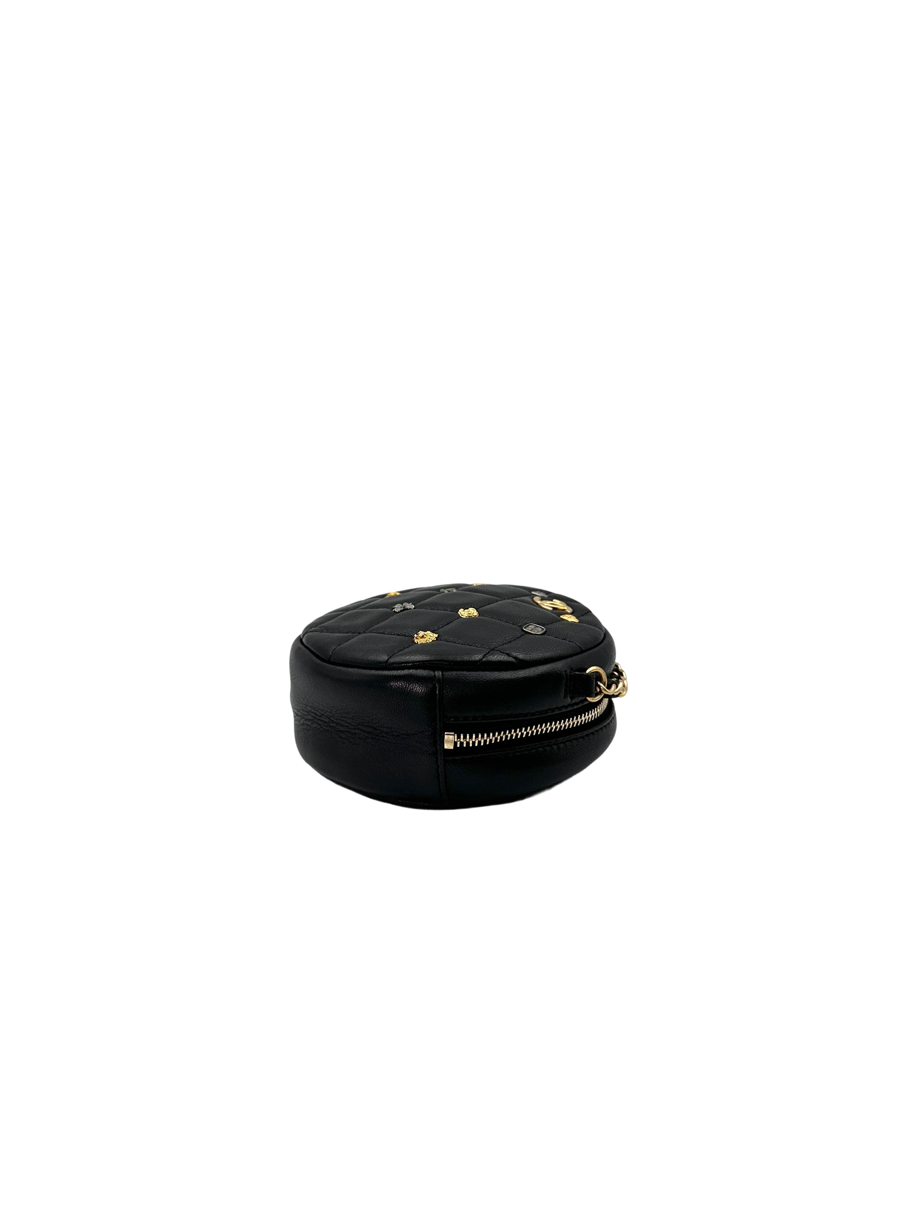 Chanel Black Quilted Lambskin Lucky Charms Round Clutch With Chain