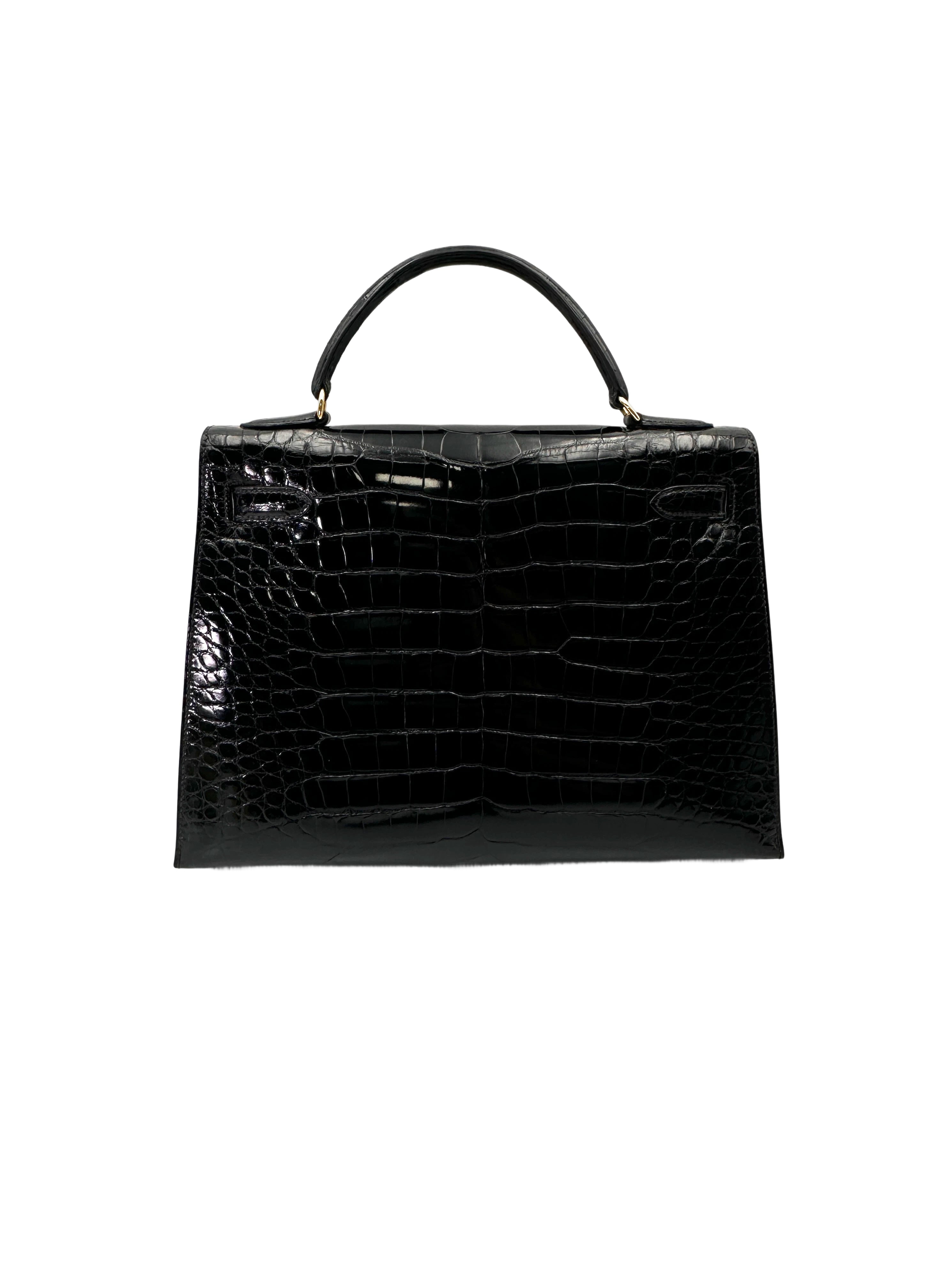 Hermès Kelly 32 Retourne Noir Shiny Alligator Leather GHW