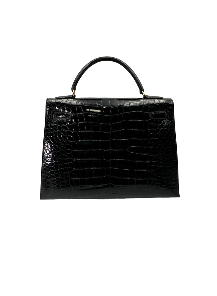 Hermès Kelly 32 Retourne Noir Shiny Alligator Leather GHW