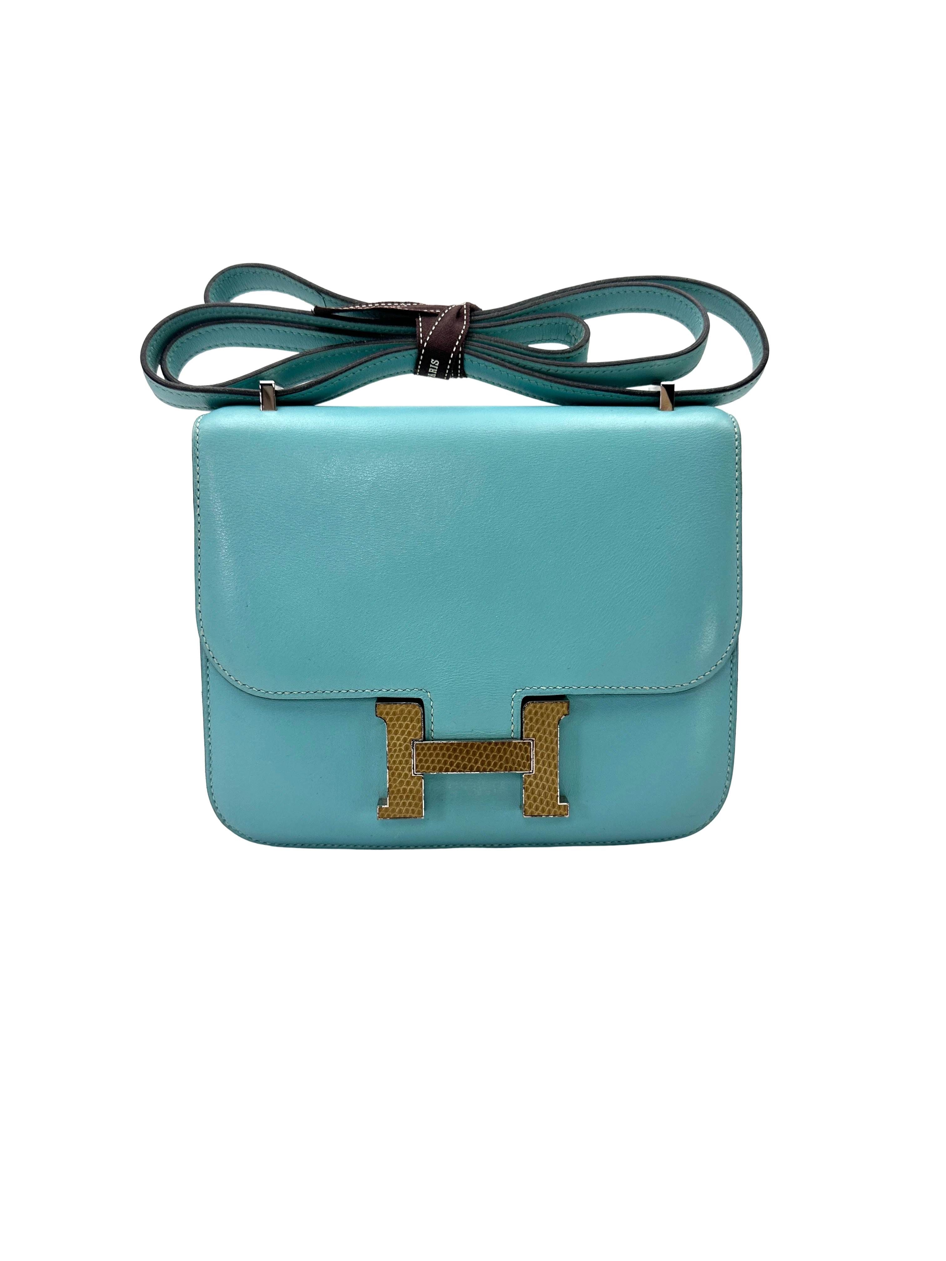 Hermès Constance 19 Bleu Turquoise Box Calfskin Lizard Touch PHW