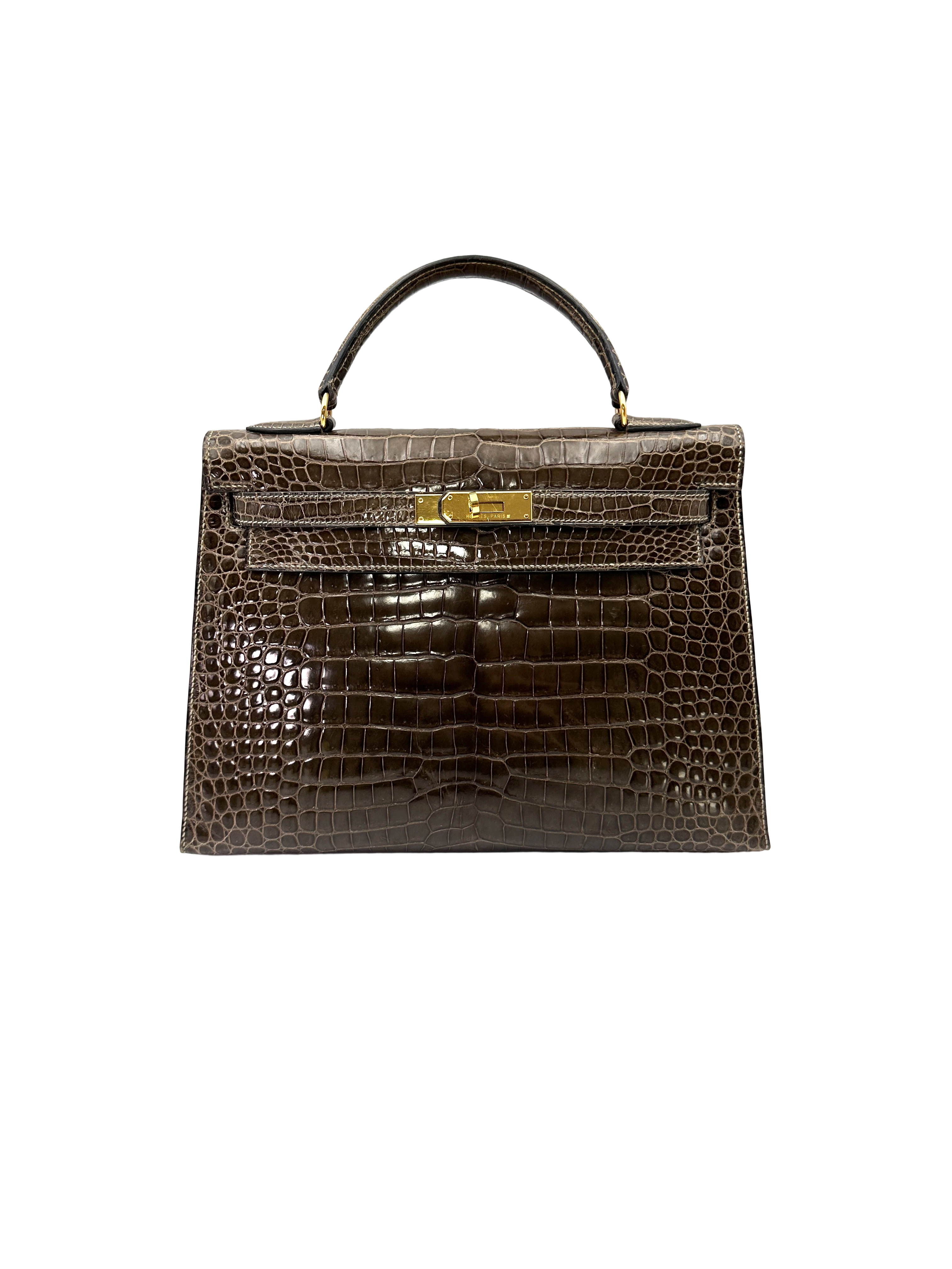 Hermès Kelly 32 Sellier Noir Shiny Crocodile Leather GHW