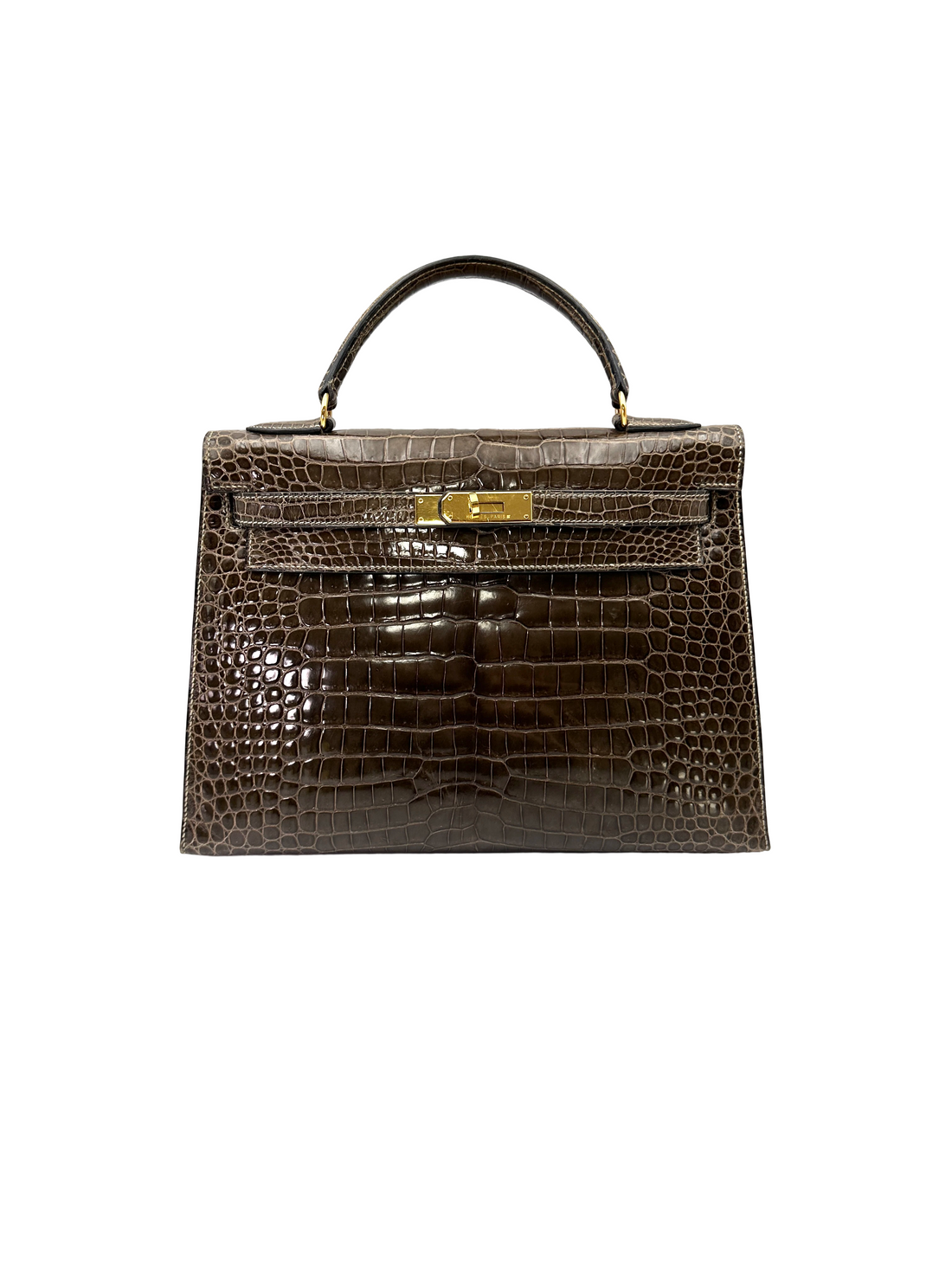 Hermès Kelly 32 Sellier Noir Shiny Crocodile Leather GHW