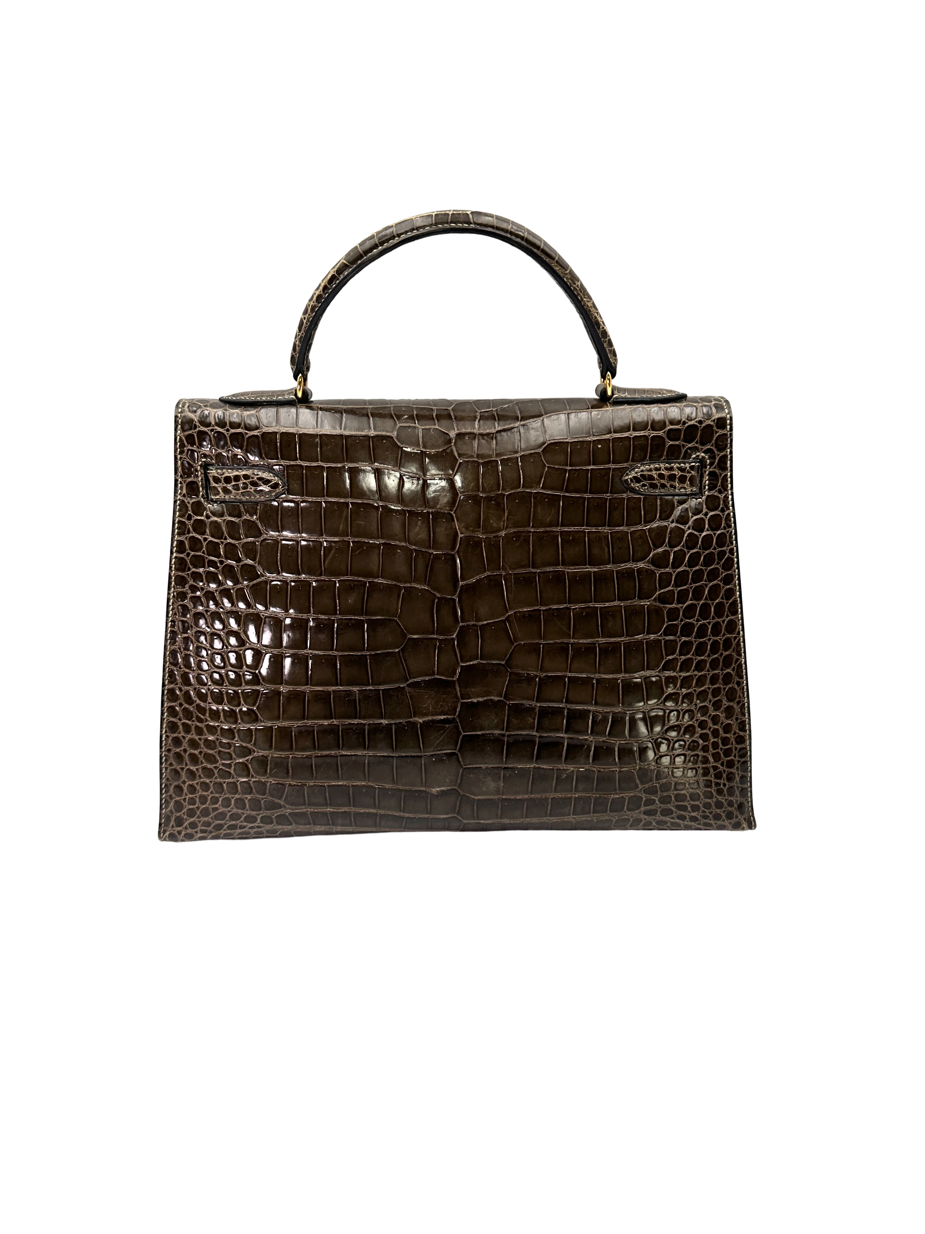 Hermès Kelly 32 Sellier Noir Shiny Crocodile Leather GHW