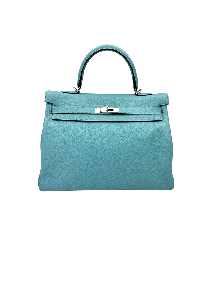 Hermès Kelly 35 Retourne Blue Atoll Clemence PHW