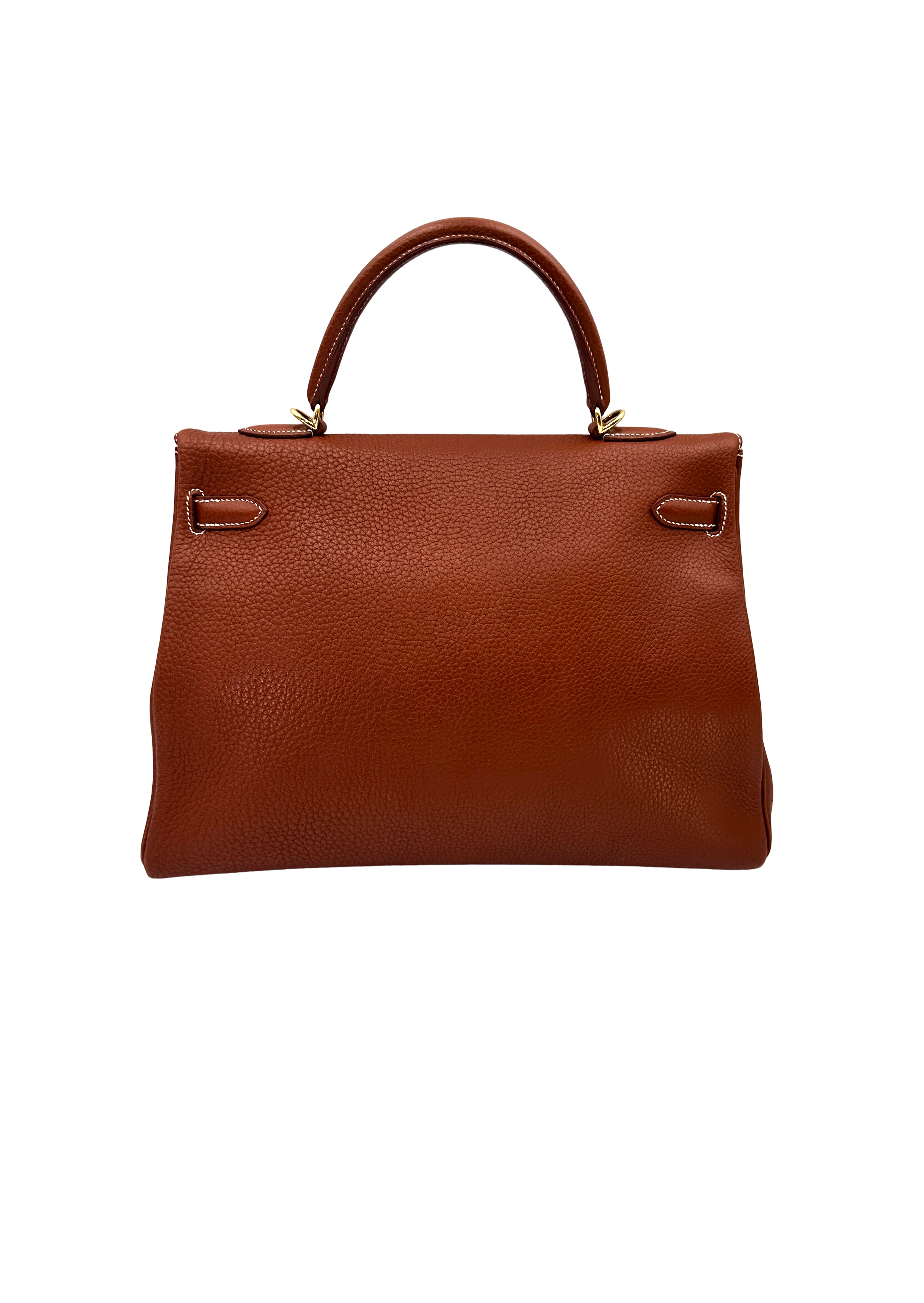 Hermès Kelly 35 Retourne Maple Brown GHW White Stitching (Square D Stamp)