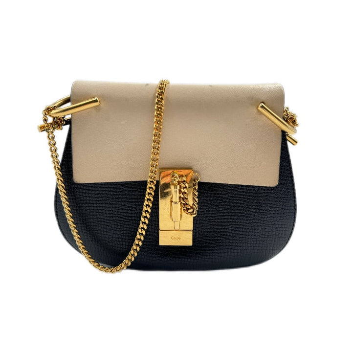 Chloe Grained Calfskin Lambskin Mini Bi Color Drew Shoulder Bag Black Powder Beige