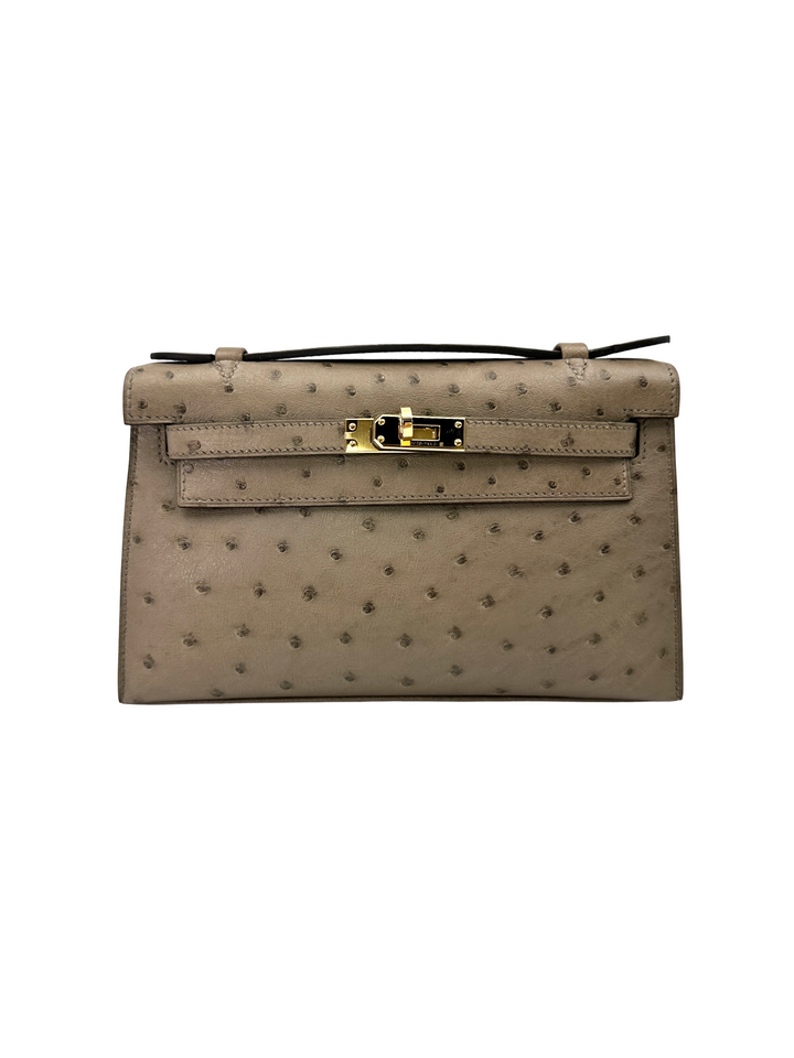 Hermès Kelly Pochette Gris Tourterelle Ostrich GHW