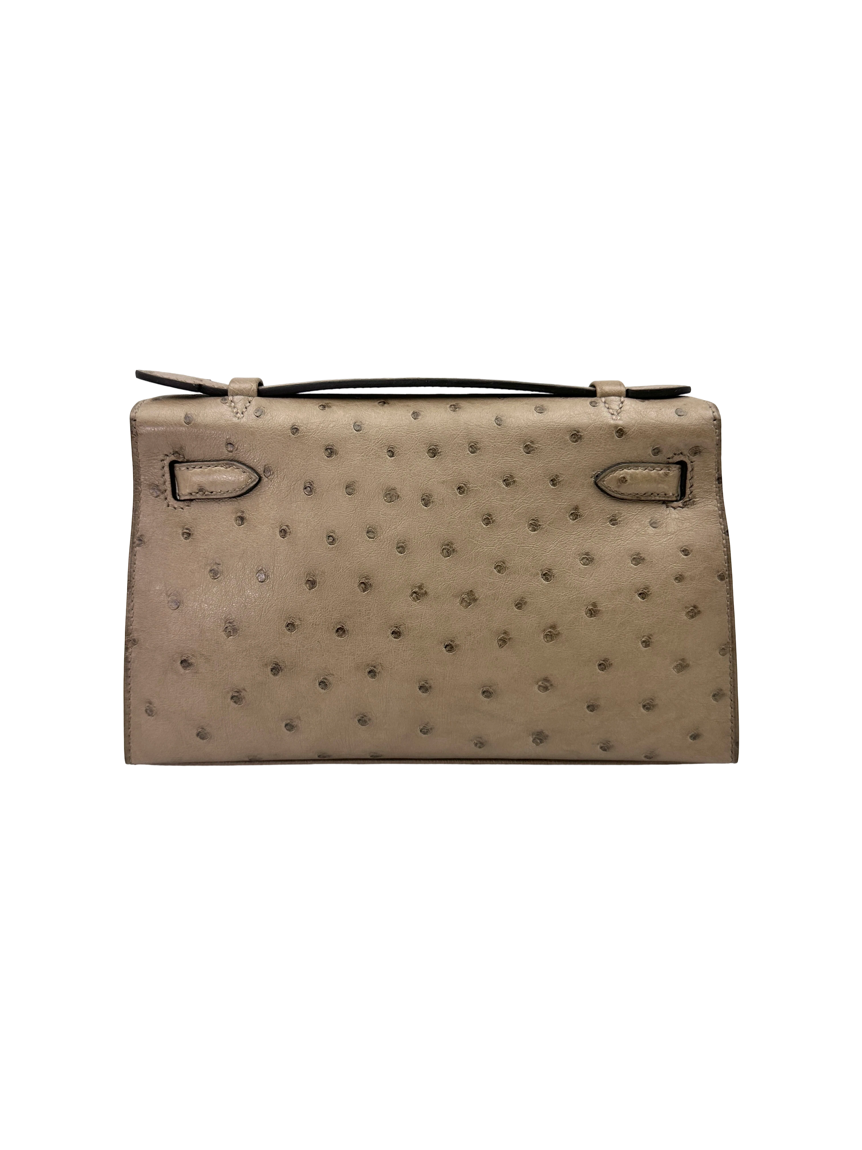 Hermès Kelly Pochette Gris Tourterelle Ostrich GHW