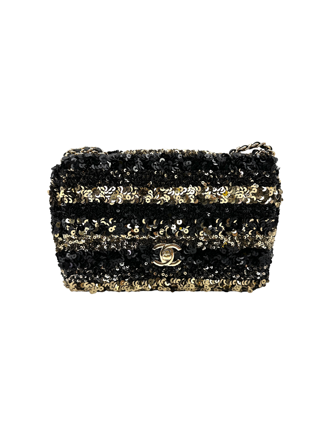 Chanel Classic Flap Medium Black & Gold Striped Sequins GHW
