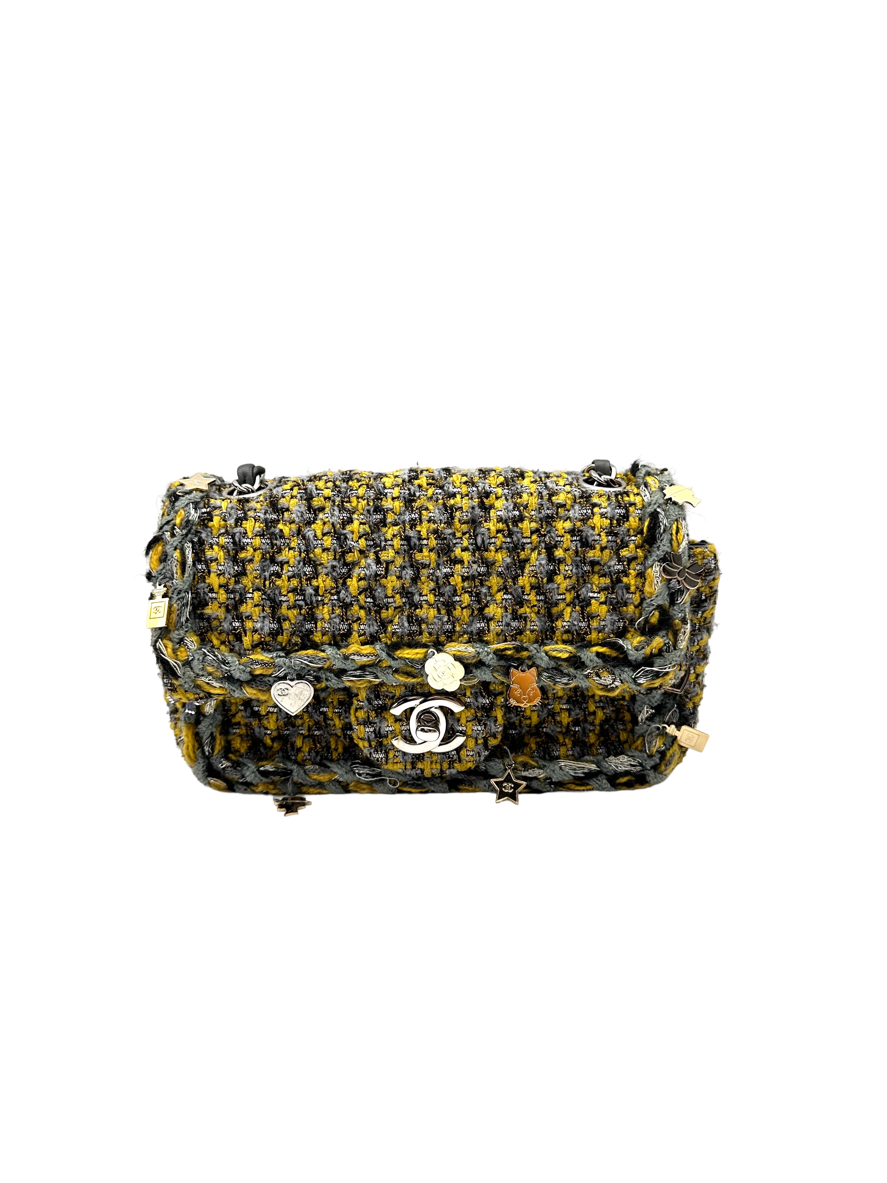 Chanel Mini Rectangular Flap Yellow & Grey Tweed Charms SHW