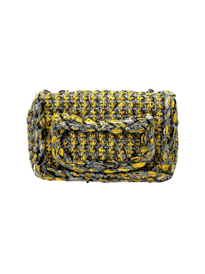 Chanel Mini Rectangular Flap Yellow & Grey Tweed Charms SHW