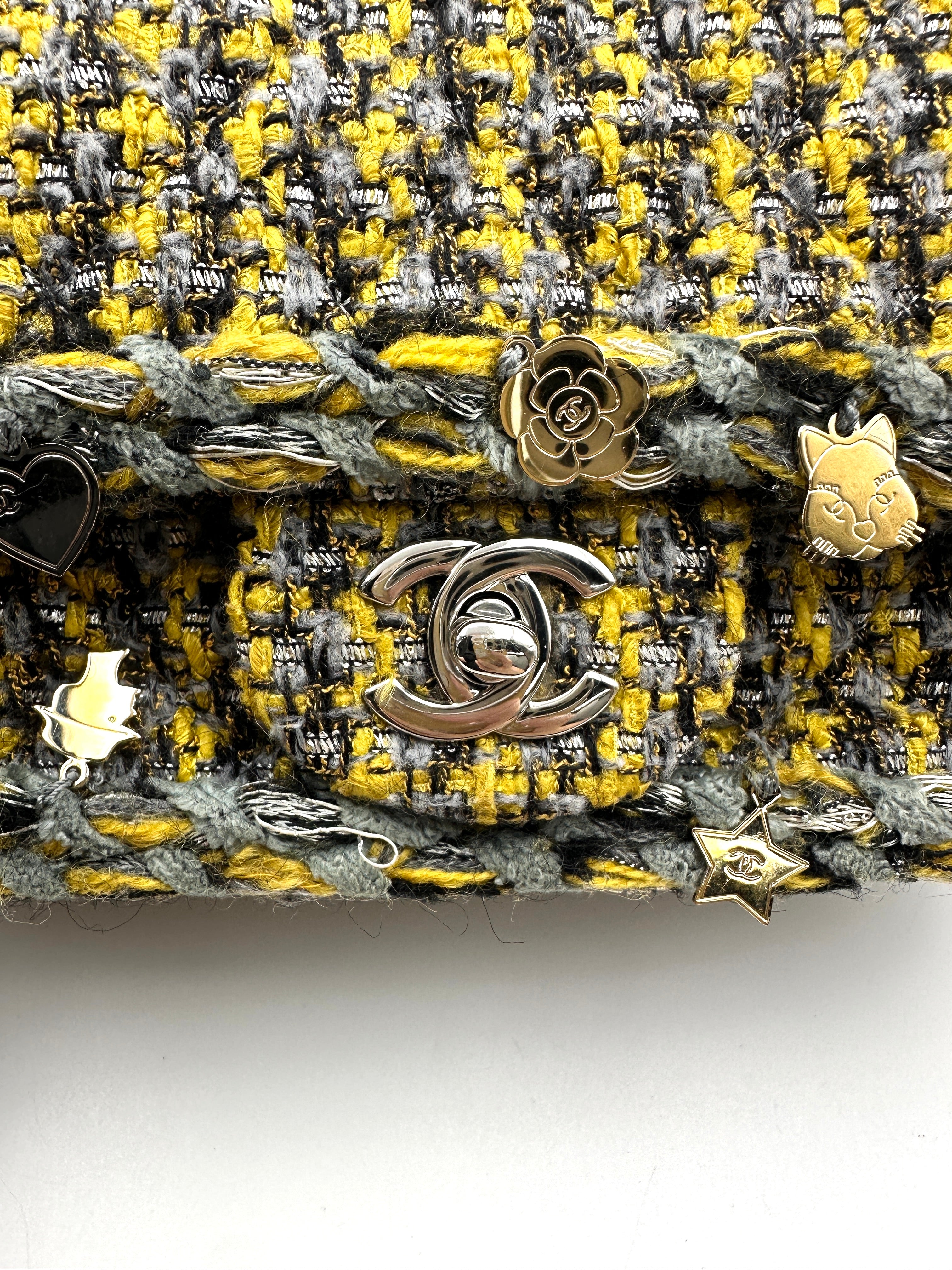 Chanel Mini Rectangular Flap Yellow & Grey Tweed Charms SHW