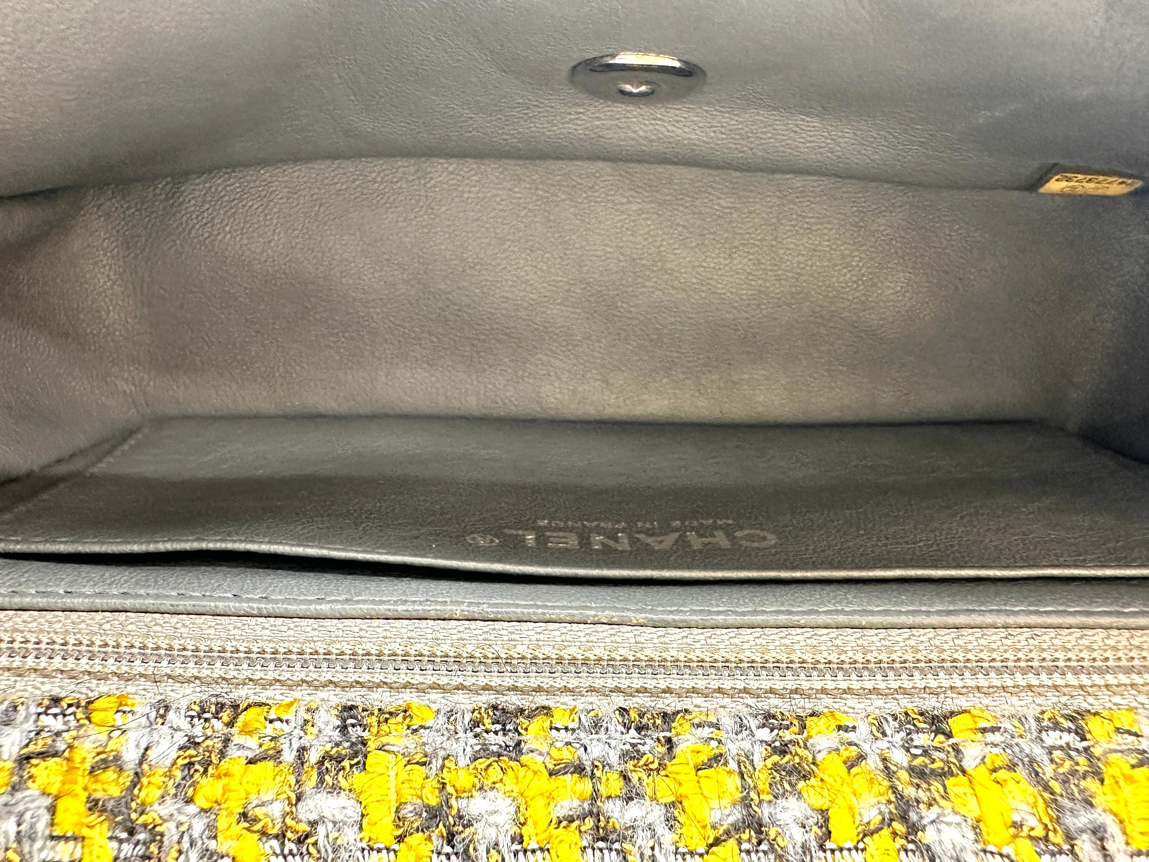 Chanel Mini Rectangular Flap Yellow & Grey Tweed Charms SHW