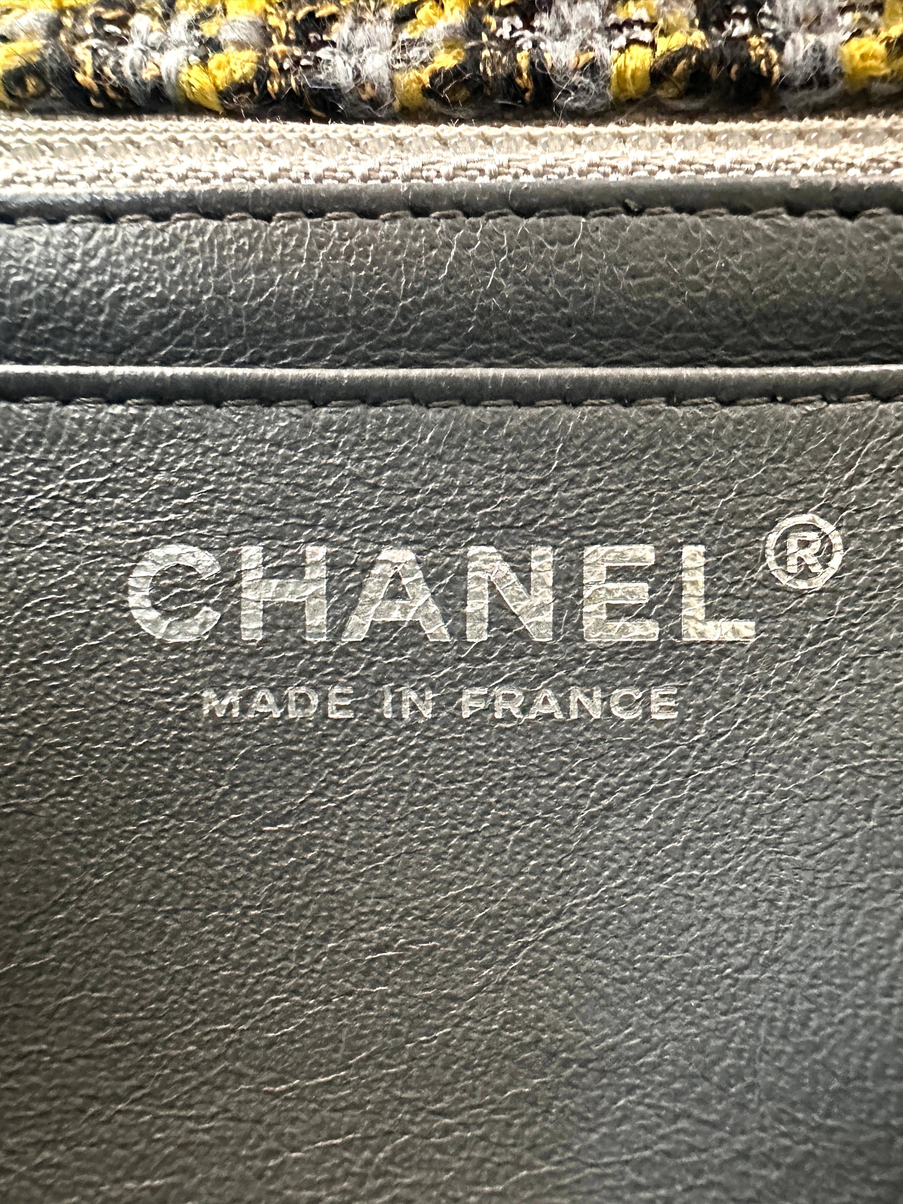 Chanel Mini Rectangular Flap Yellow & Grey Tweed Charms SHW
