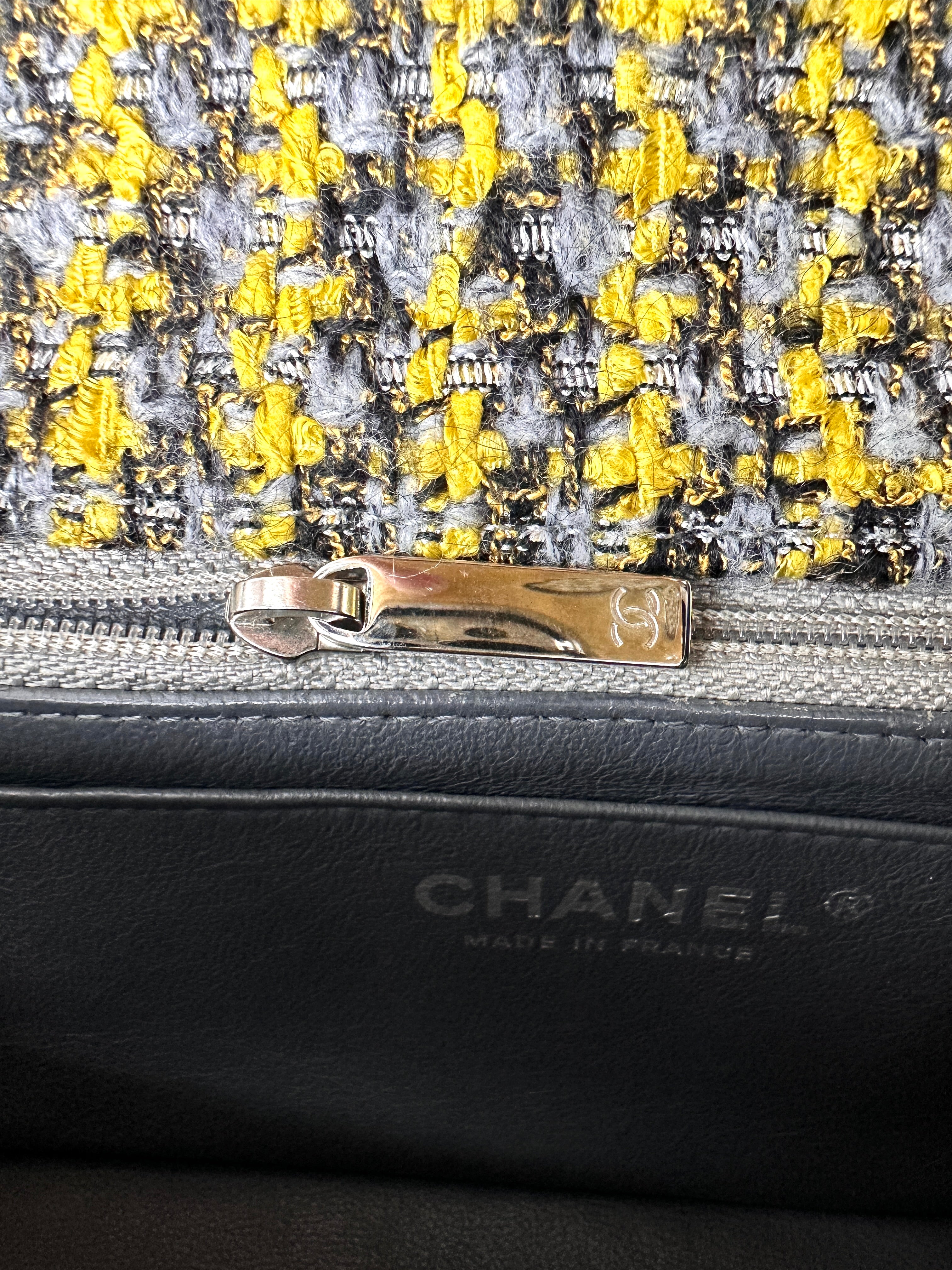 Chanel Mini Rectangular Flap Yellow & Grey Tweed Charms SHW
