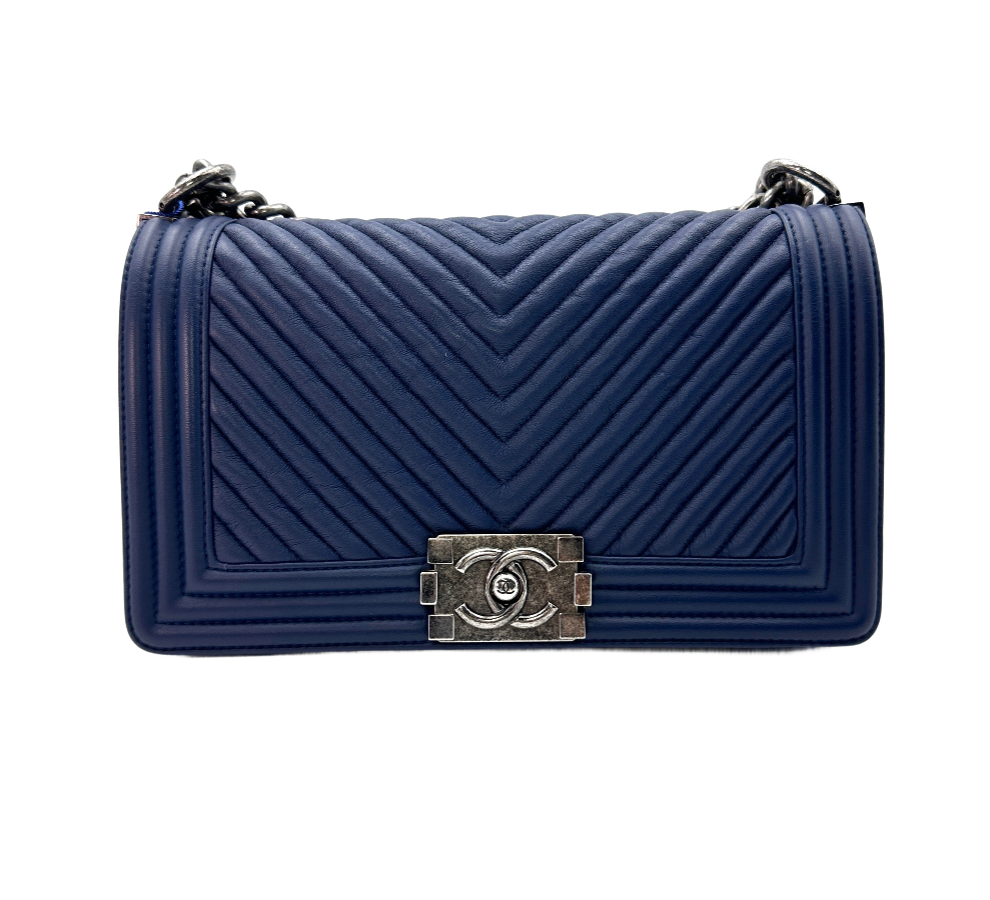 Chanel LeBoy Navy Blue Chevron Quilted Calfskin Flap Bag With Silver Buckle
