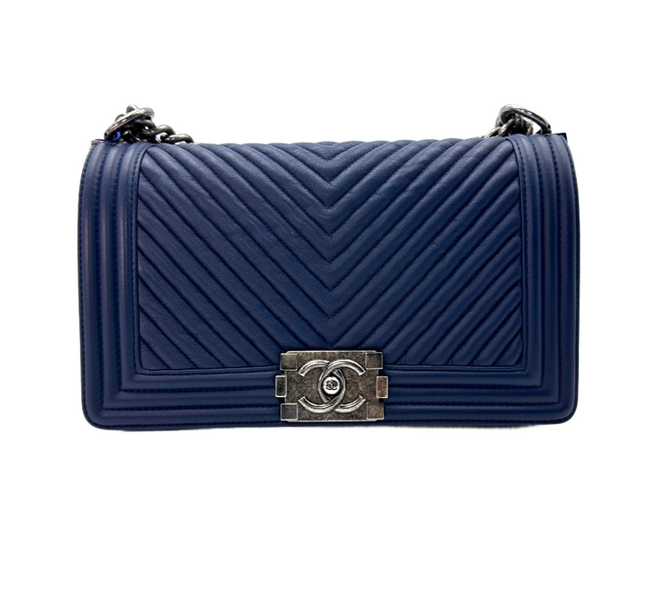 Chanel LeBoy Navy Blue Chevron Quilted Calfskin Flap Bag With Silver Buckle