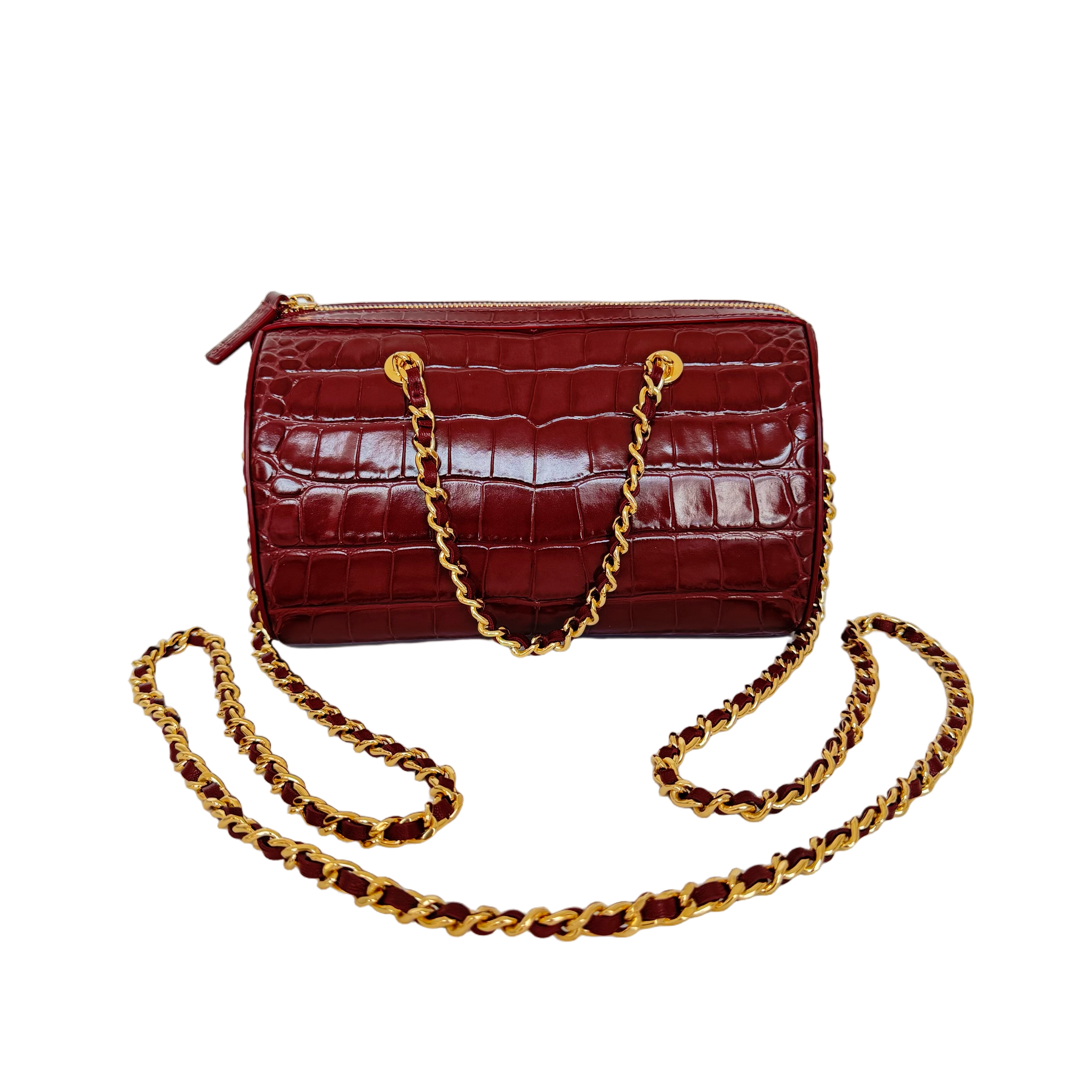 Chanel Timeless Classic Barrel Bag with Chain Burgundy Croc-Embossed Calfskin GHW
