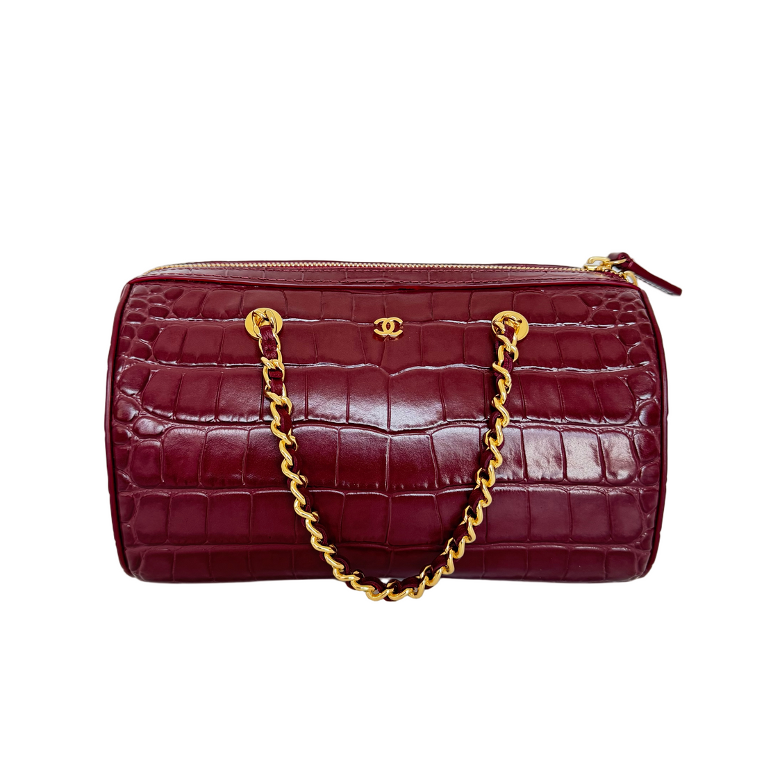 Chanel Timeless Classic Barrel Bag with Chain Burgundy Croc-Embossed Calfskin GHW