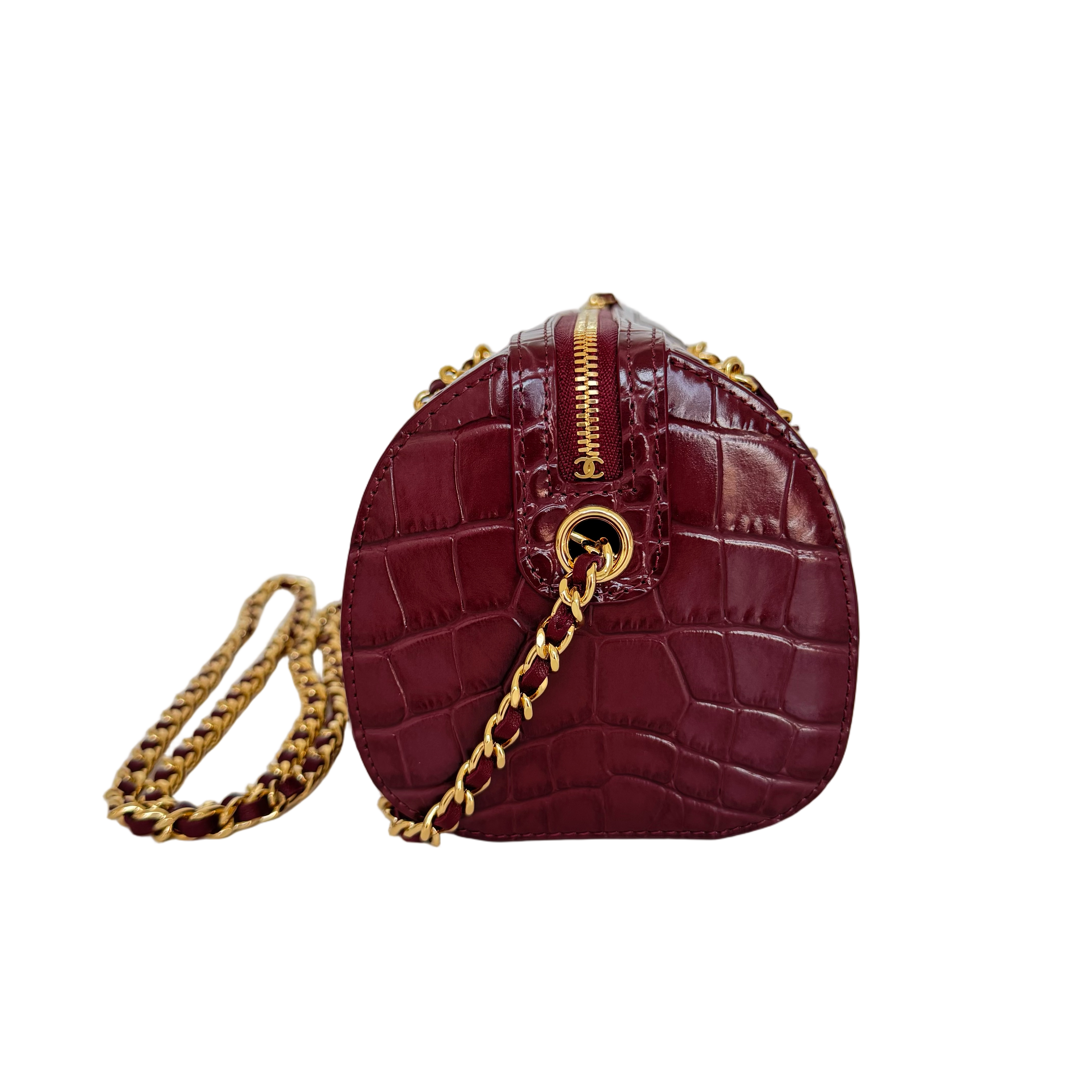 Chanel Timeless Classic Barrel Bag with Chain Burgundy Croc-Embossed Calfskin GHW