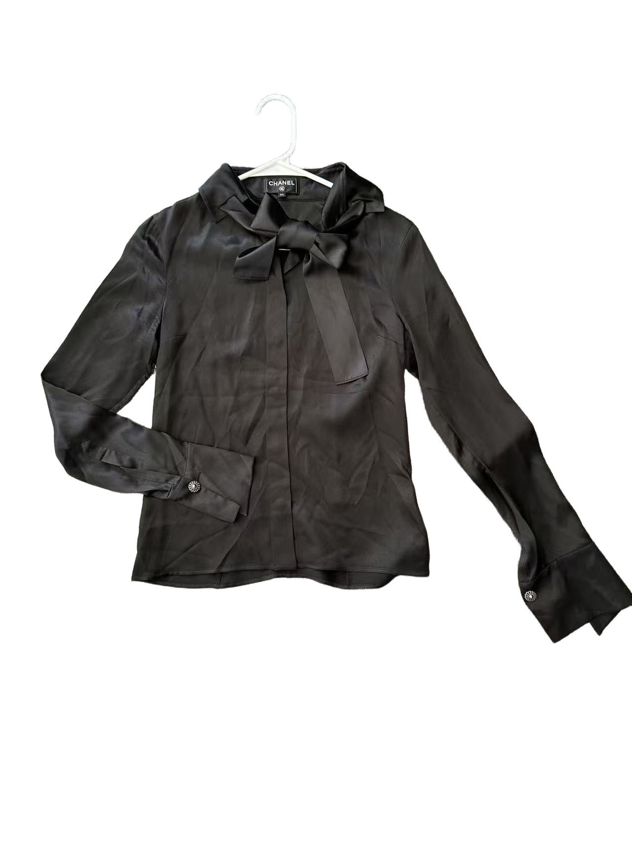 [eBay Live] Chanel Women's Black Silk Bow Tie Collar Blouse Size 34