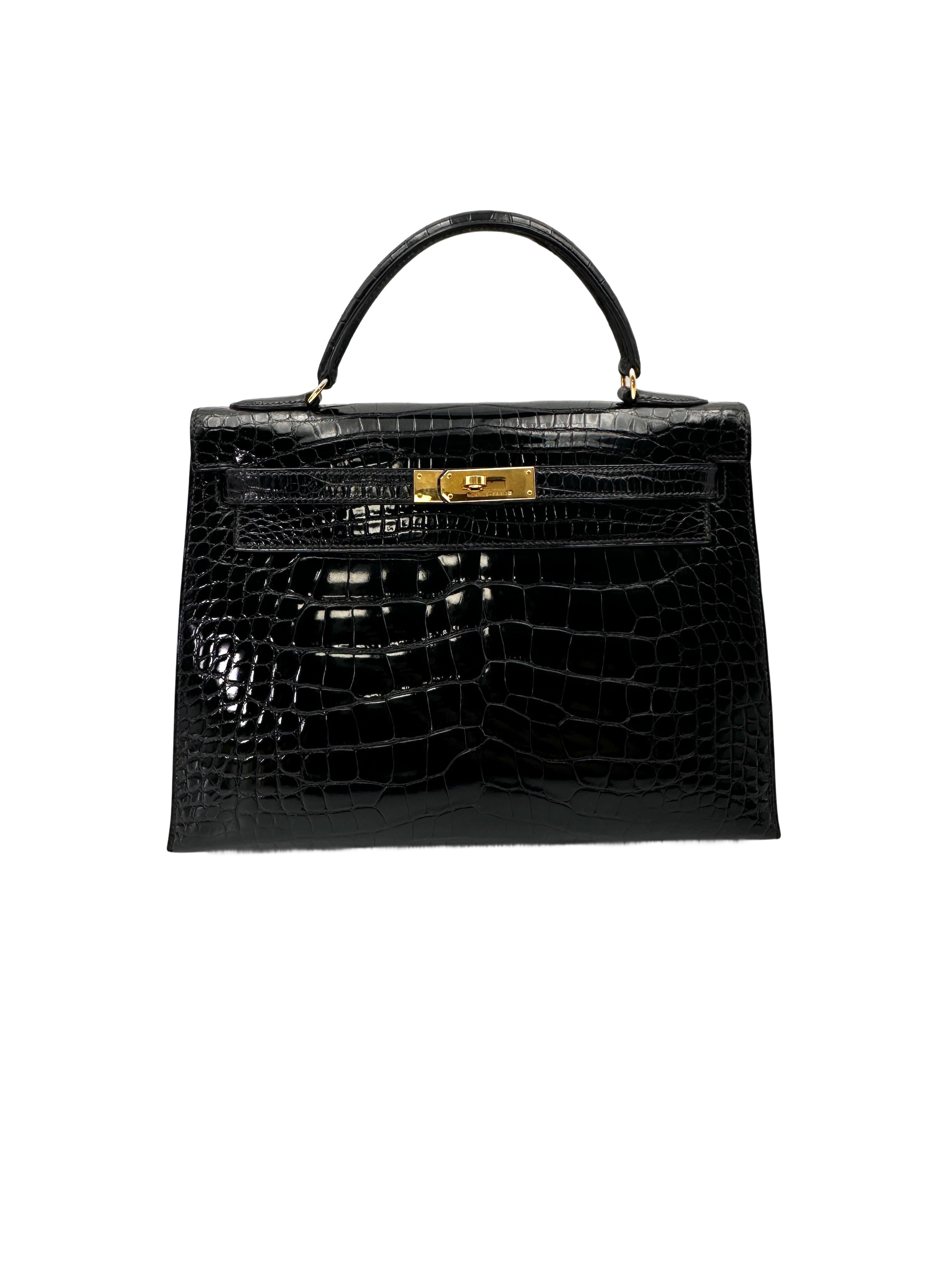 Hermès Kelly 32 Retourne Noir Shiny Alligator Leather GHW