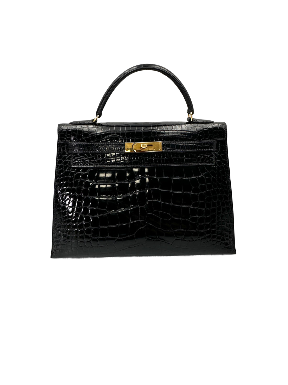 Hermès Kelly 32 Retourne Noir Shiny Alligator Leather GHW