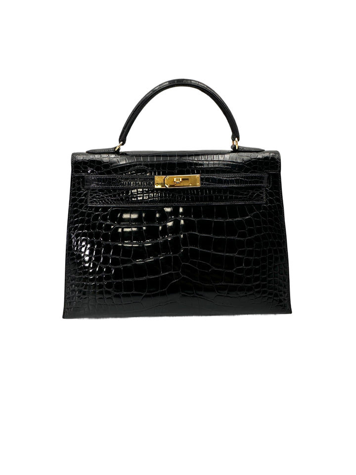 Hermès Kelly 32 Retourne Noir Shiny Alligator Leather GHW
